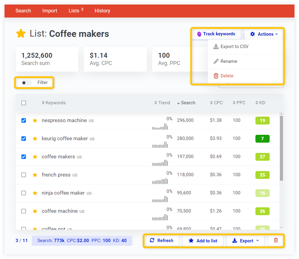 KWFinder - editing keyword list