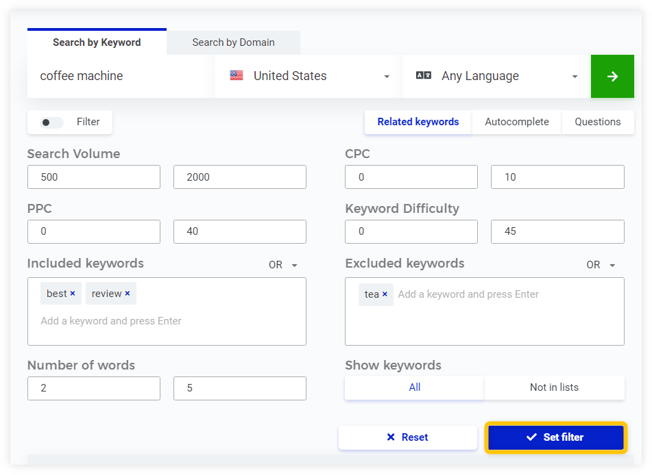 KWFinder - filtering options
