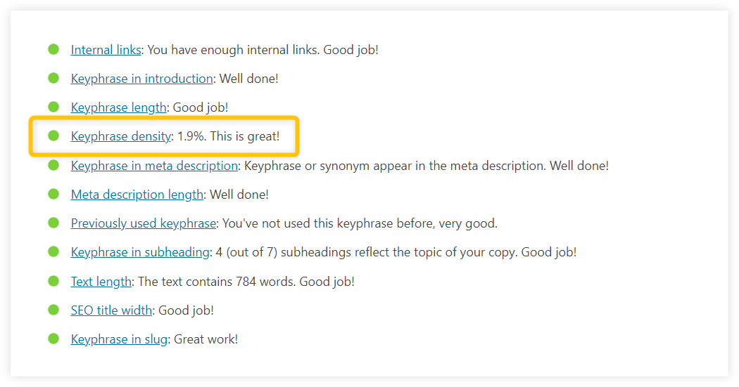 Keyphrase density in Yoast SEO plugin - example